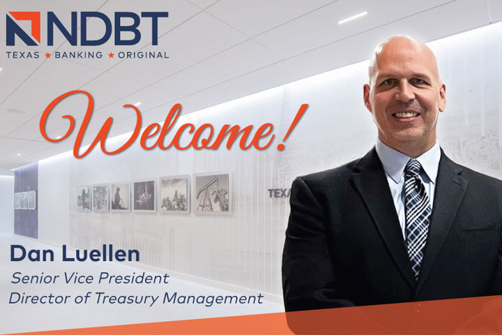 Graphic with portrait image welcoming NDBT Director of Treasury Management Dan Luellen