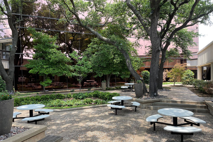 NDBT Tower outdoor courtyard with picnic tables