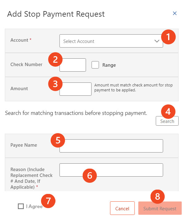 Screenshot showing the Add Stop Payment Request process