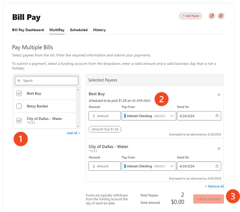 Screenshot demonstrating how to pay multiple payees