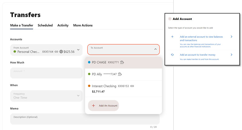 Screenshot showing how to Add a Transfer account