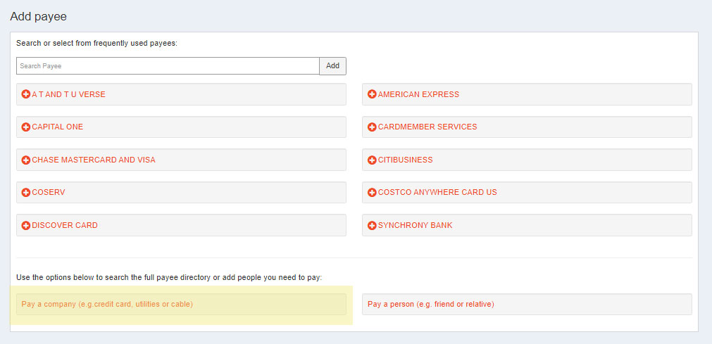 Screenshot of Bill Pay - Business in the Digital Banking Platform