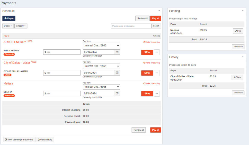 Screenshot of Bill Pay - Make Payment in Digital Banking Platform