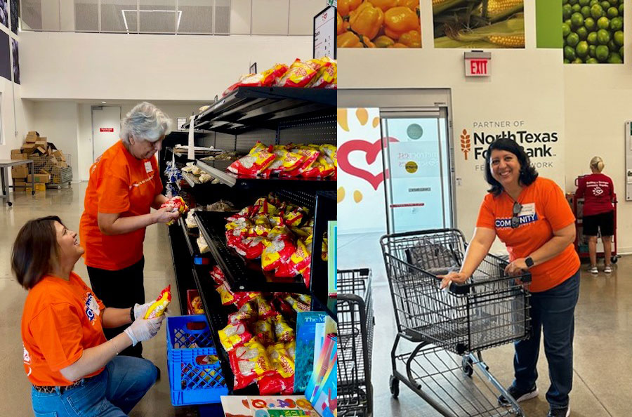 NDBT volunteers stocking grocery shelves at Metrocrest Services