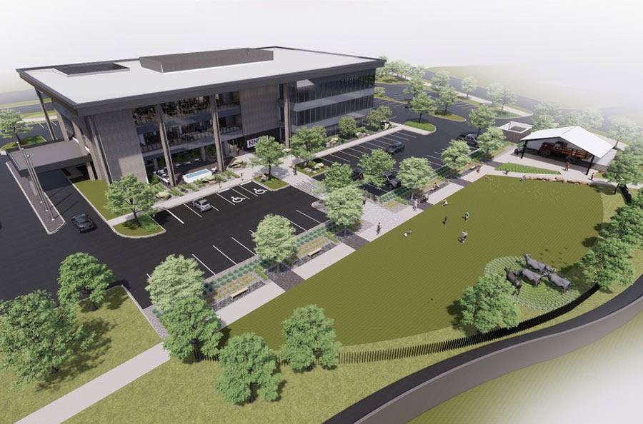 Aerial rendering of Fields Legacy building and commons area