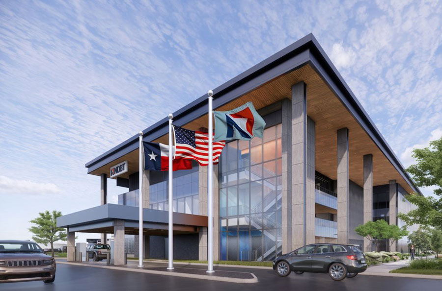 Fields Legacy exterior with bank flags