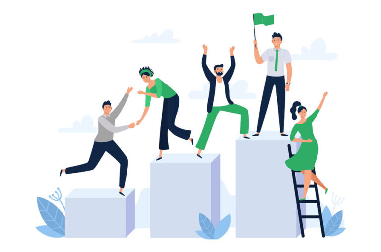 Illustration of people climbing steps on a ladder