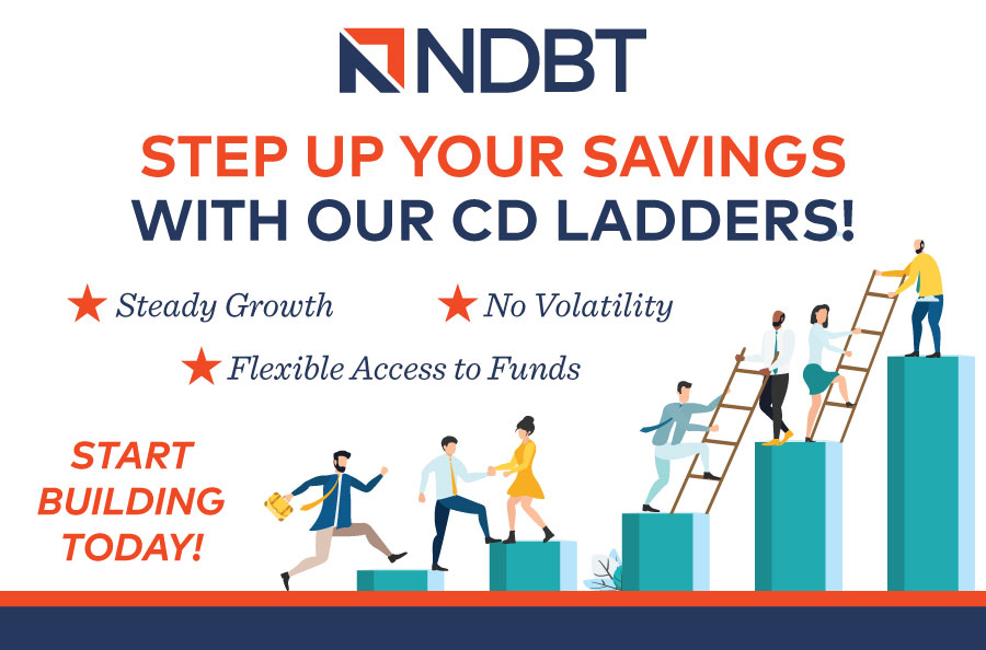 Graphic promoting CD Ladders showing cartoon figures climbing ladders