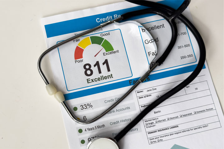 image showing credit report with stethoscope laying on top