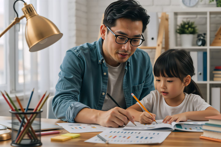 Father teaching daughter at home