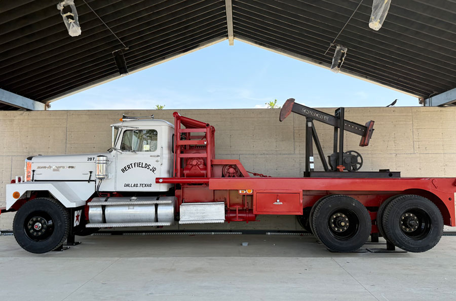 Restored Bert Fields Jr. oil rig truck on display in the Fields Legacy pavilion.