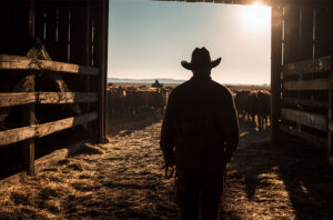 Cowboy silhouette in a barn at sunset